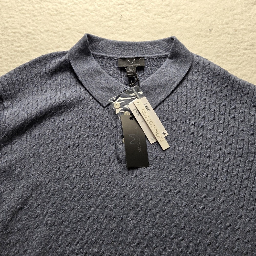 Magaschoni Sweater Mens Large Blue 100% Cotton Short Sleeve Polo Knit Pullover